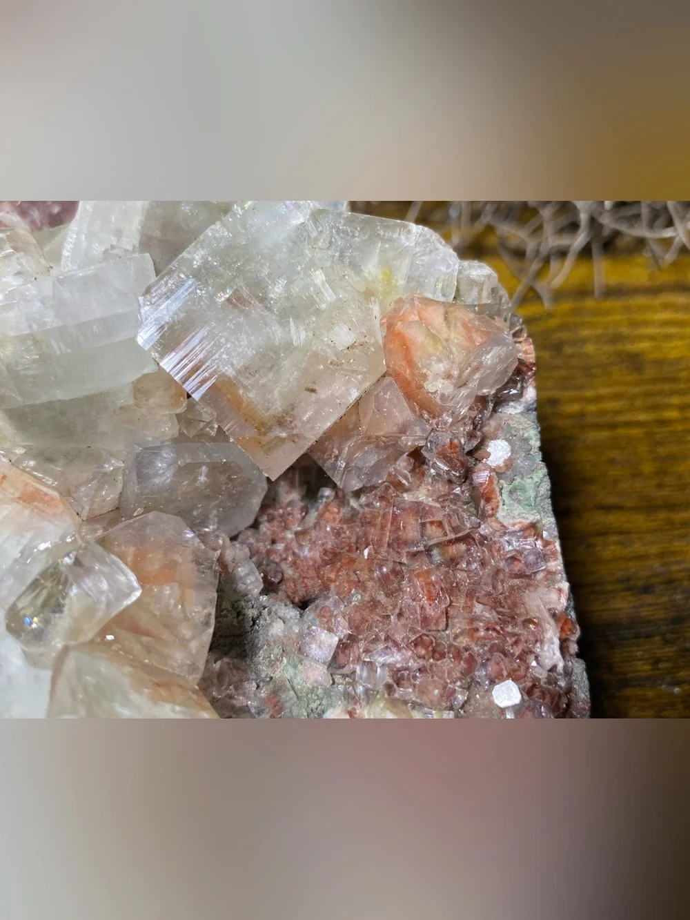 Green Apophyllite With Red Vanadinite On Matrix